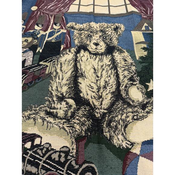 Vintage Christmas Tapestry Throw Blanket Teddy Train Soldiers Fringe Nostalgic - Picture 2 of 15